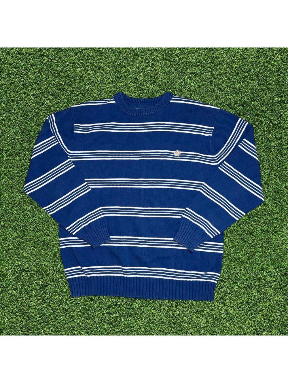 Y2K Avirex Blue White Striped Knit Sweater Pendant Logo Size L